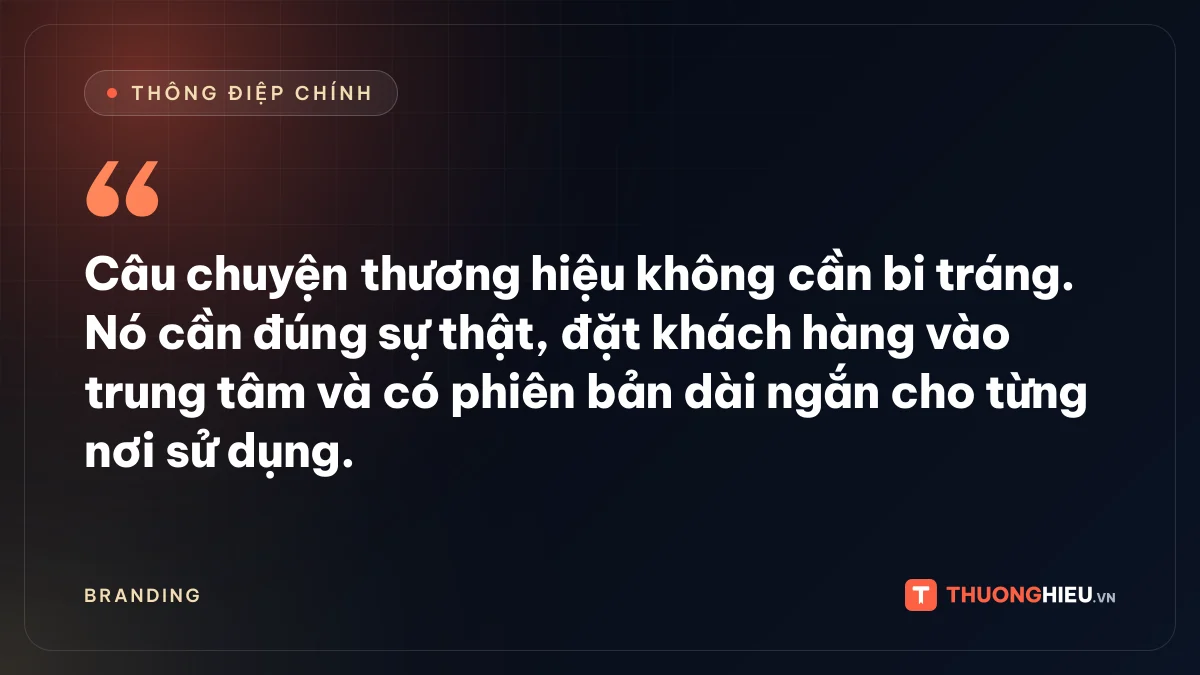 Đồ họa thông điệp chính: Câu chuyện thương hiệu không cần bi tráng. Nó cần đúng sự thật, đặt khách hàng vào trung tâm và có phiên bản dài ngắn cho từng nơi sử dụng.