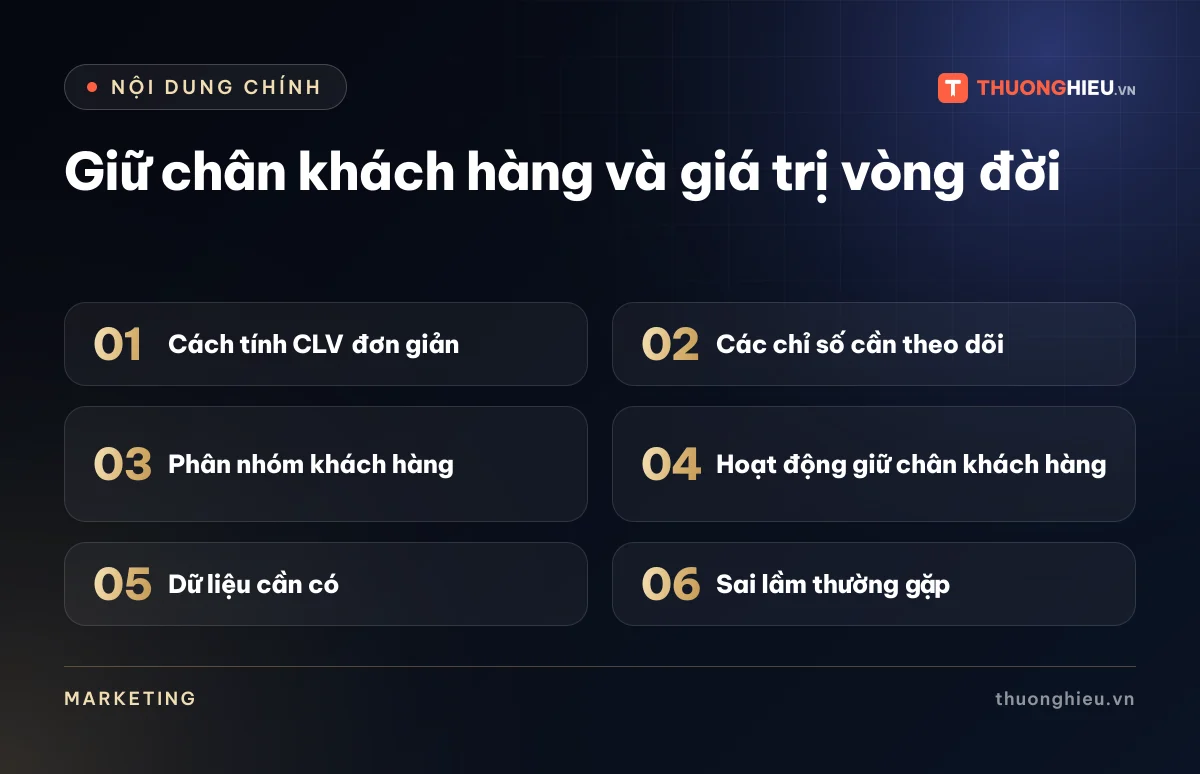 Đồ họa các phần chính của bài Giữ chân khách hàng và giá trị vòng đời: Cách tính CLV đơn giản; Các chỉ số cần theo dõi; Phân nhóm khách hàng; Hoạt động giữ chân khách hàng; Dữ liệu cần có; Sai lầm thường gặp