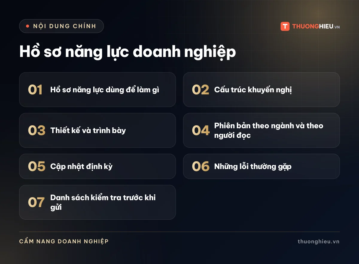 Đồ họa các phần chính của bài Hồ sơ năng lực doanh nghiệp: Hồ sơ năng lực dùng để làm gì; Cấu trúc khuyến nghị; Thiết kế và trình bày; Phiên bản theo ngành và theo người đọc; Cập nhật định kỳ; Những lỗi thường gặp; Danh sách kiểm tra trước khi gửi