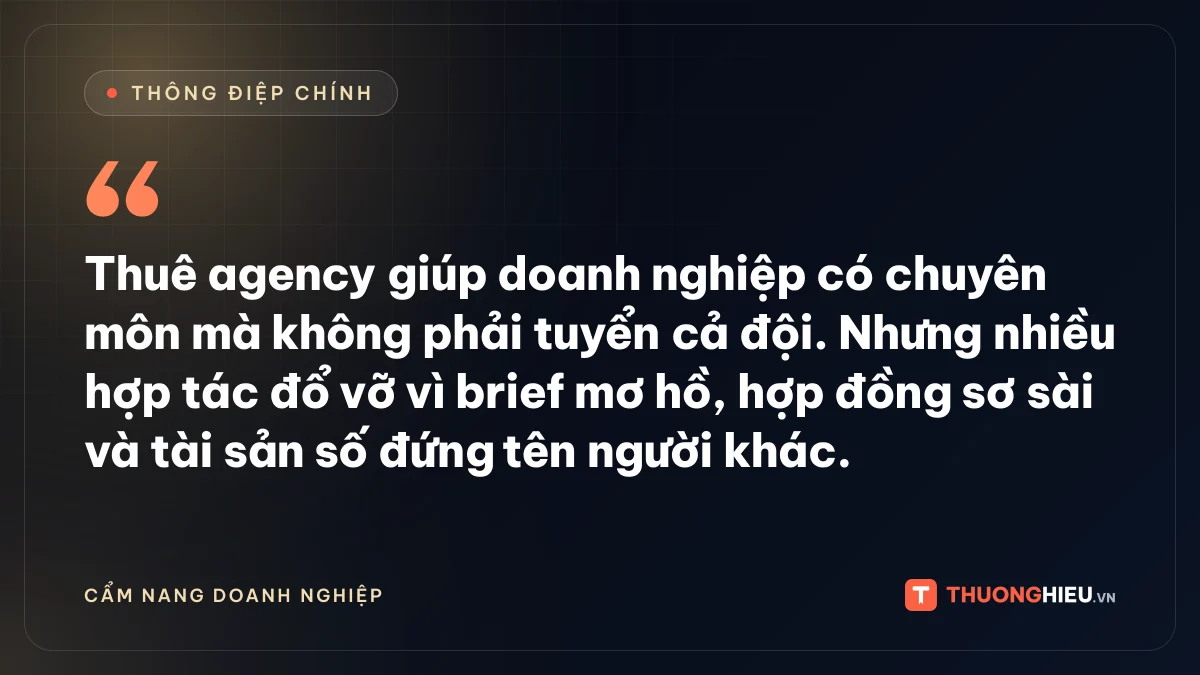 Đồ họa thông điệp chính: Thuê agency giúp doanh nghiệp có chuyên môn mà không phải tuyển cả đội. Nhưng nhiều hợp tác đổ vỡ vì brief mơ hồ, hợp đồng sơ sài và tài sản số đứng tên người khác.