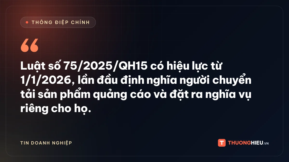 Đồ họa thông điệp chính: Luật số 75/2025/QH15 có hiệu lực từ 1/1/2026, lần đầu định nghĩa người chuyển tải sản phẩm quảng cáo và đặt ra nghĩa vụ riêng cho họ.