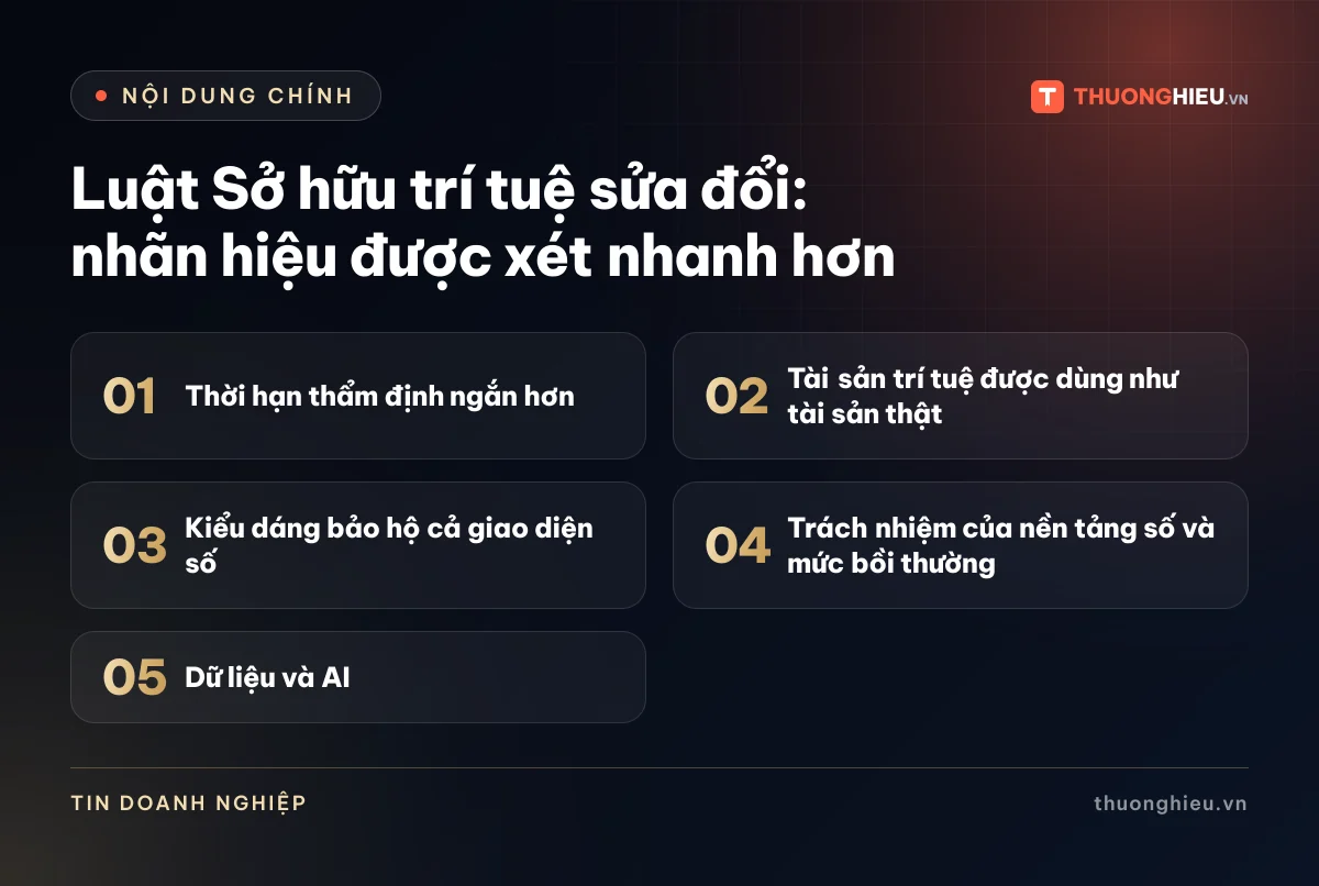 Đồ họa các phần chính của bài Luật Sở hữu trí tuệ sửa đổi: nhãn hiệu được xét nhanh hơn: Thời hạn thẩm định ngắn hơn; Tài sản trí tuệ được dùng như tài sản thật; Kiểu dáng bảo hộ cả giao diện số; Trách nhiệm của nền tảng số và mức bồi thường; Dữ liệu và AI