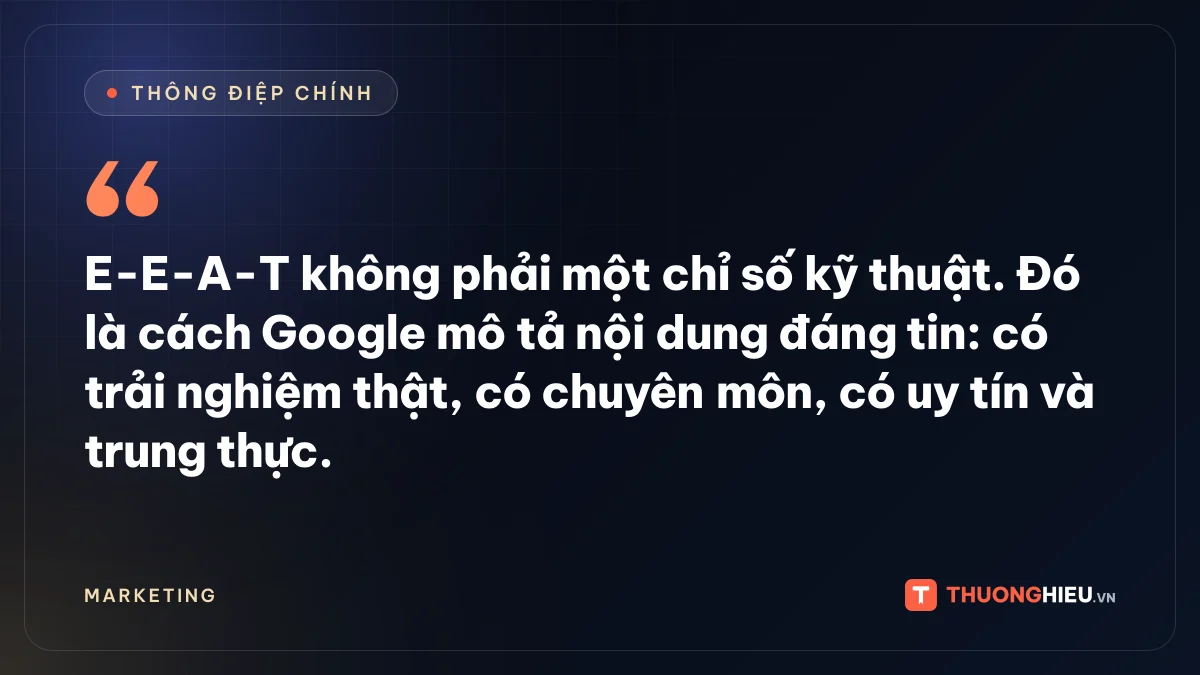 Đồ họa thông điệp chính: E-E-A-T không phải một chỉ số kỹ thuật. Đó là cách Google mô tả nội dung đáng tin: có trải nghiệm thật, có chuyên môn, có uy tín và trung thực.