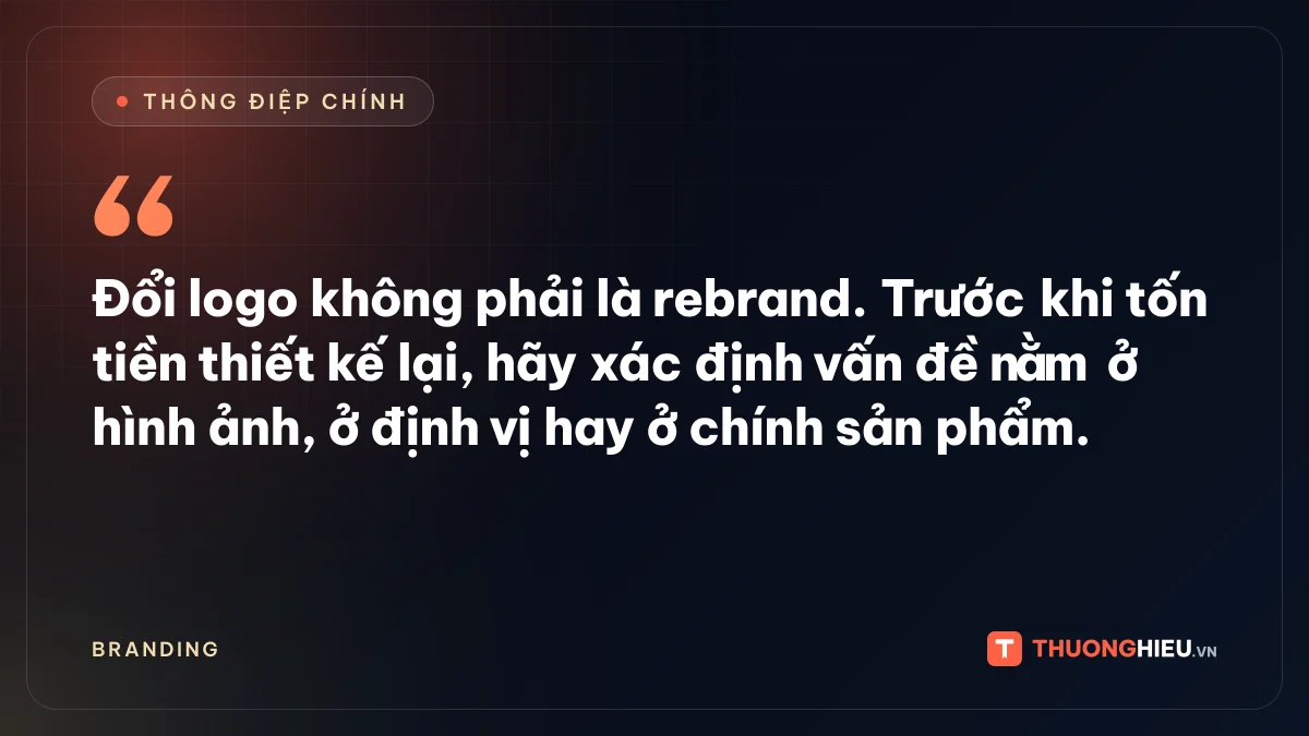 Đồ họa thông điệp chính: Đổi logo không phải là rebrand. Trước khi tốn tiền thiết kế lại, hãy xác định vấn đề nằm ở hình ảnh, ở định vị hay ở chính sản phẩm.