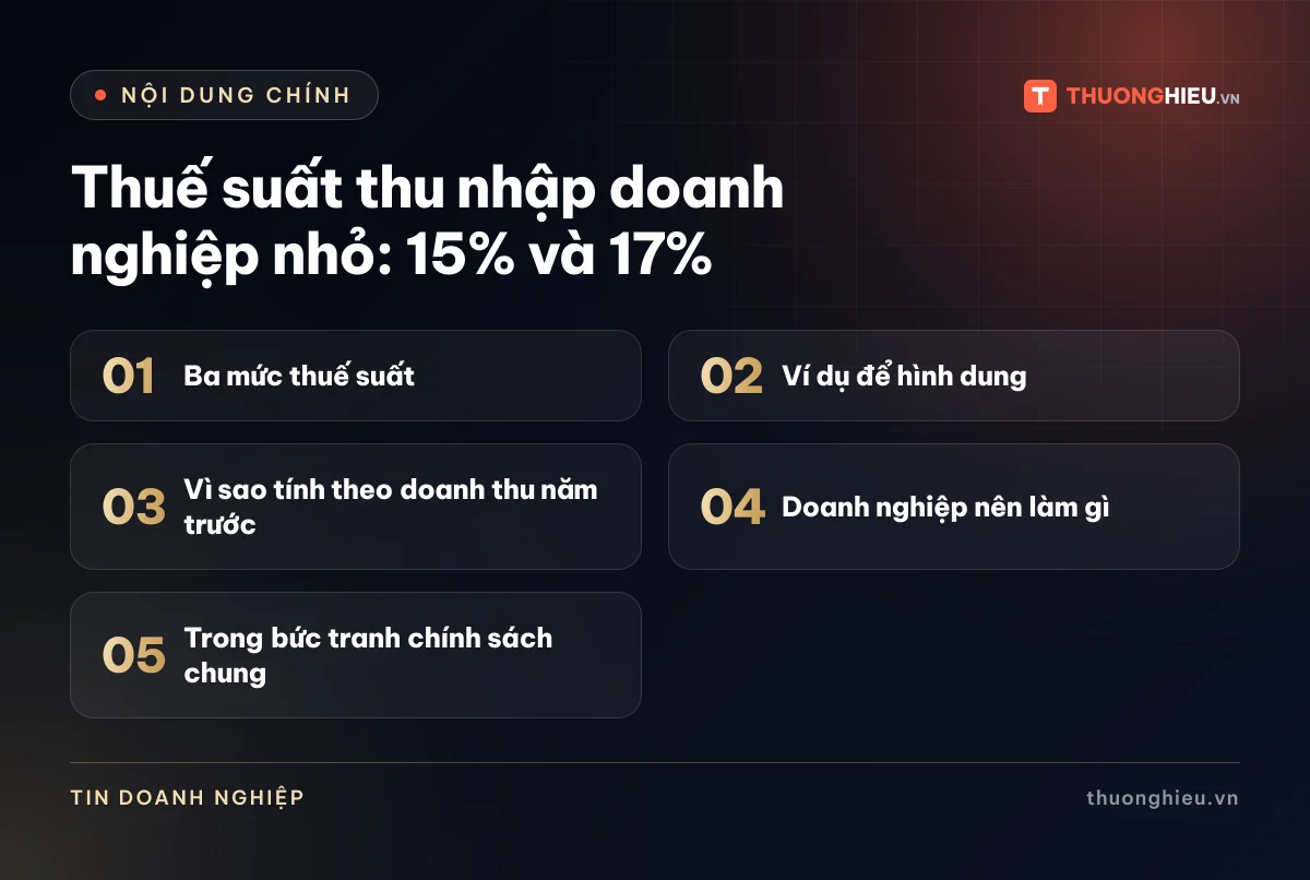 Đồ họa các phần chính của bài Thuế suất thu nhập doanh nghiệp nhỏ: 15% và 17%: Ba mức thuế suất; Ví dụ để hình dung; Vì sao tính theo doanh thu năm trước; Doanh nghiệp nên làm gì; Trong bức tranh chính sách chung