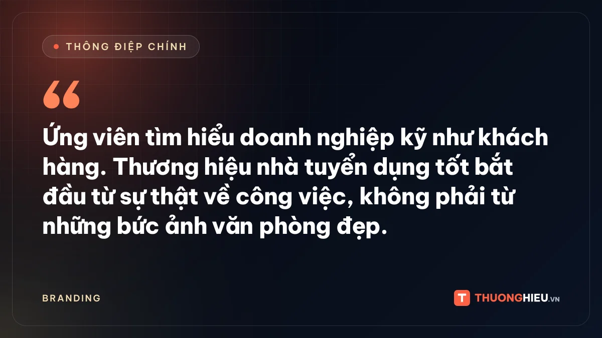 Đồ họa thông điệp chính: Ứng viên tìm hiểu doanh nghiệp kỹ như khách hàng. Thương hiệu nhà tuyển dụng tốt bắt đầu từ sự thật về công việc, không phải từ những bức ảnh văn phòng đẹp.