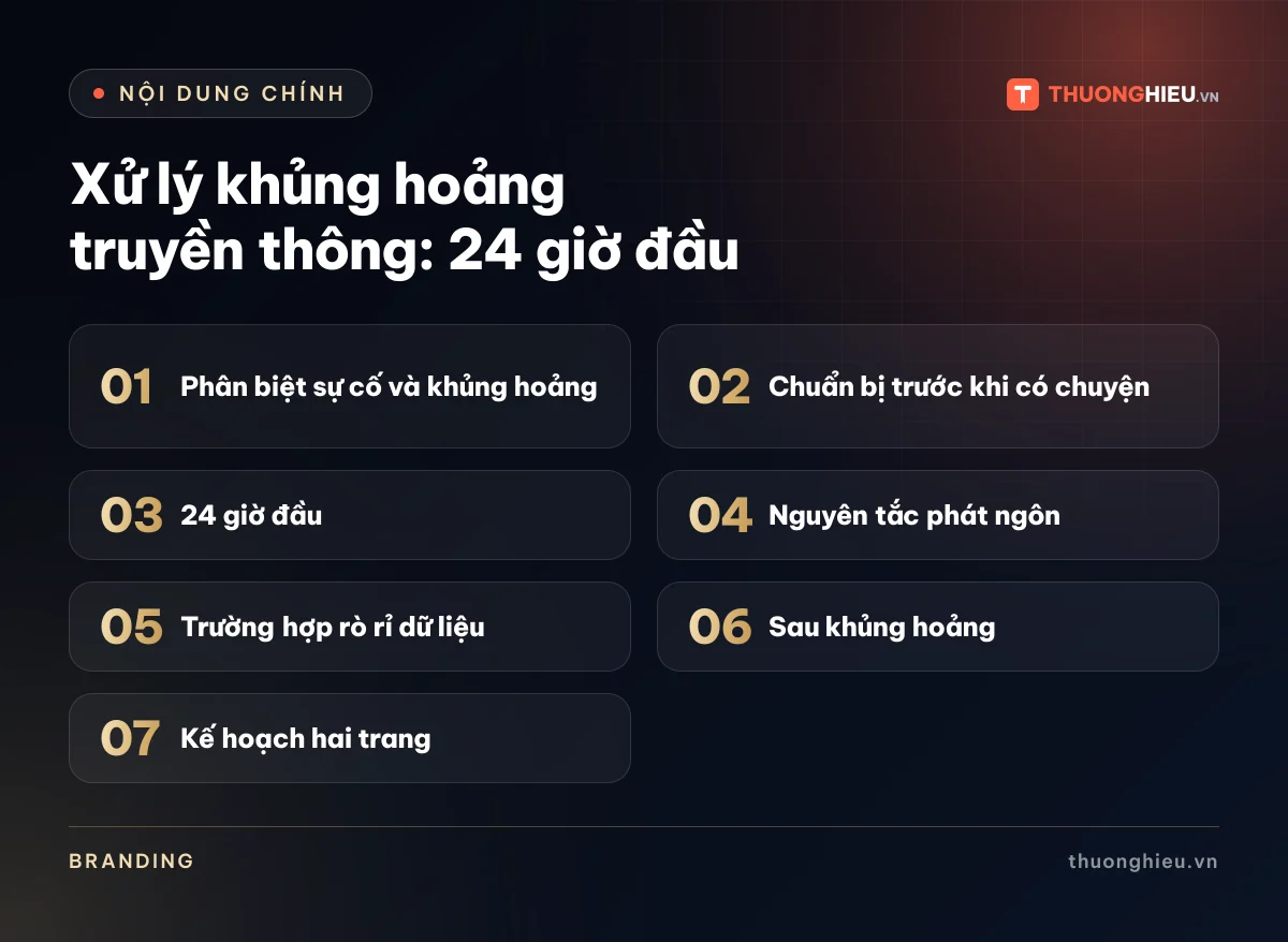 Đồ họa các phần chính của bài Xử lý khủng hoảng truyền thông: 24 giờ đầu: Phân biệt sự cố và khủng hoảng; Chuẩn bị trước khi có chuyện; 24 giờ đầu; Nguyên tắc phát ngôn; Trường hợp rò rỉ dữ liệu; Sau khủng hoảng; Kế hoạch hai trang